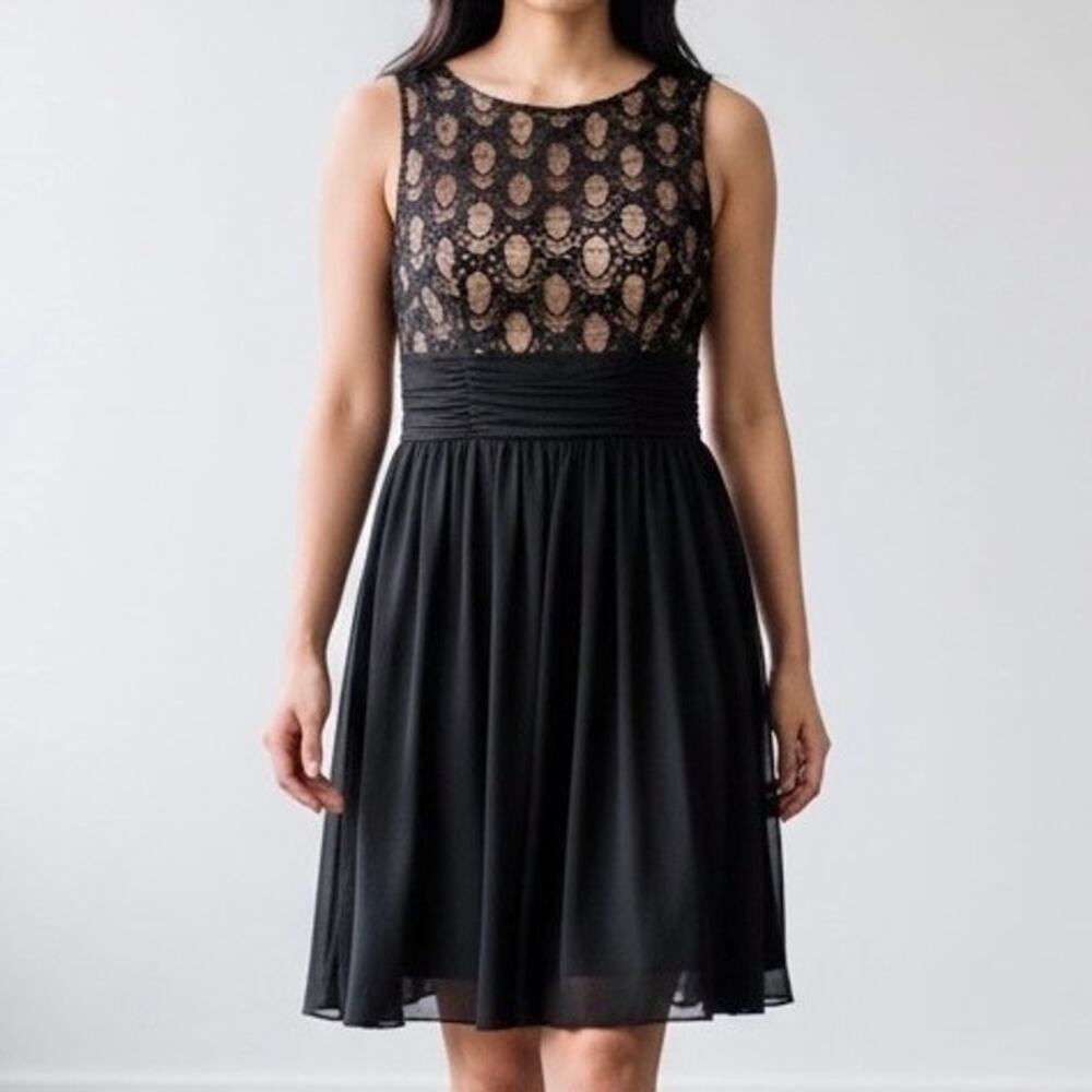 JH Evenings Sleeveless Lace Sequined Midi Dress Size 12 Black Full Skirt Event